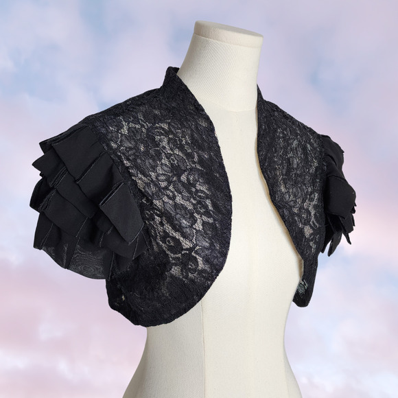 Vtg 90s J.R Nites Black Lace Sheer Frill Goth Victorian Formal Bolero Shrug Sz L - Picture 2 of 8